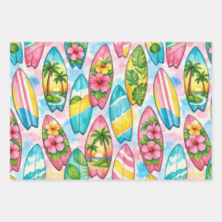 Aquarell-Surfboards mit Hibiskus und Palmen Geschenkpapier Set