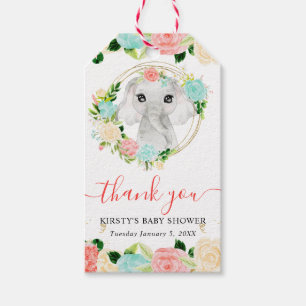 Aquarell Süße Dschungel Elefant Blumen Baby Shower Geschenkanhänger
