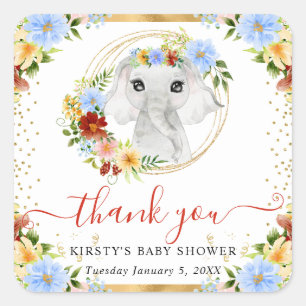 Aquarell Süße Dschungel Elefant Blumen Baby Shower Quadratischer Aufkleber