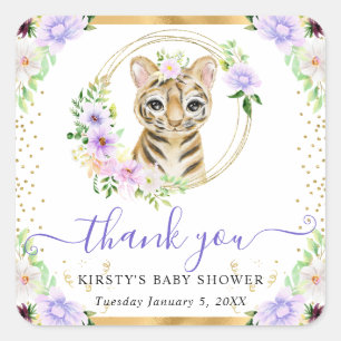 Aquarell Süße Dschungel Tiger Floral Baby Shower Quadratischer Aufkleber