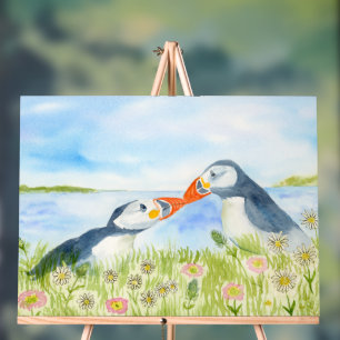 Aquarell Süße Papageientaucher auf einer Blumenwie Acrylschild