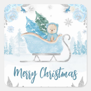 Aquarell Süßer Blauer Winter Bär Blumen Weihnachte Quadratischer Aufkleber