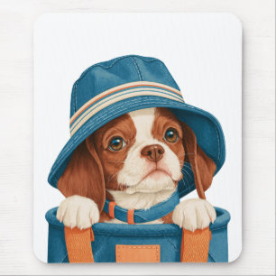 Aquarell Süßer Brauner Weißer Hund Blauer Hut Haus Mousepad