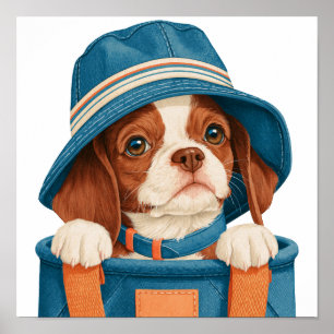Aquarell Süßer Brauner Weißer Hund Blauer Hut Haus Poster