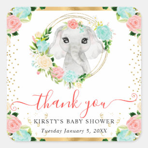 Aquarell Süßer Dschungel Elefant Floral Baby Showe Quadratischer Aufkleber