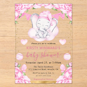 Aquarell Süßer Elefant & Rosa Rosen Baby Shower Acryleinladungen