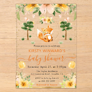 Aquarell Süßer Floraler Fuchs Baby Shower Acryleinladungen