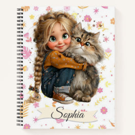 Aquarell Süßes Eigenartiges Mädchen mit einer Katz Notizbuch