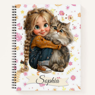 Aquarell Süßes Eigenartiges Mädchen mit einer Katz Notizbuch
