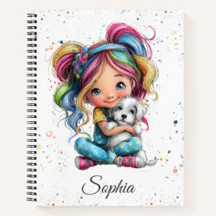 Aquarell Süßes Eigenartiges Mädchen mit Welpe Notizbuch