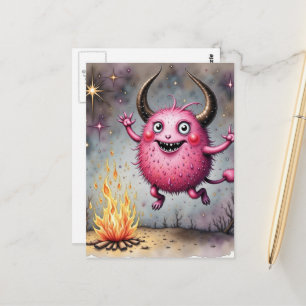Aquarell Süßes Rosa Monster und ein Lagerfeuer Postkarte