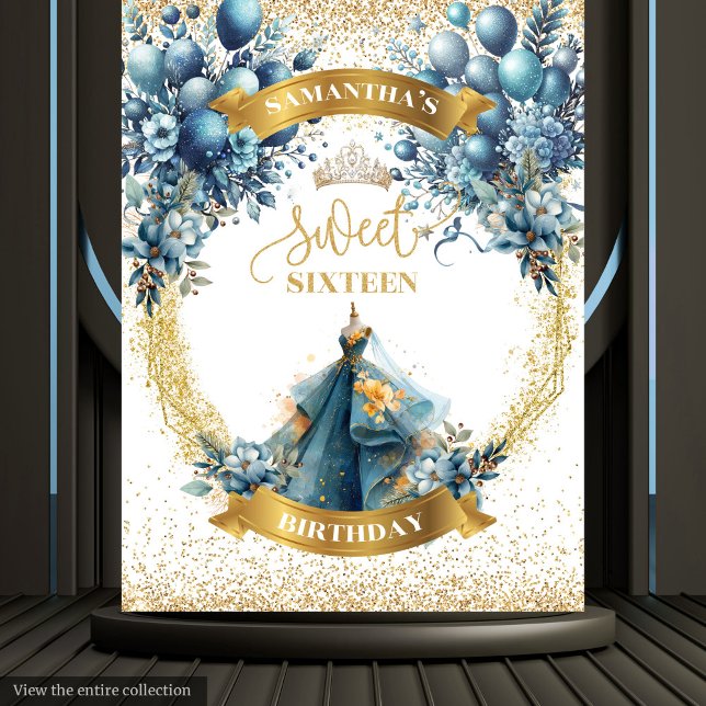 Aquarell Sweet 16 Blue Gold Glitzer Hintergrund Wandteppich (Watercolor Sweet Sixteen Blue Gold Glitter Backdrop)