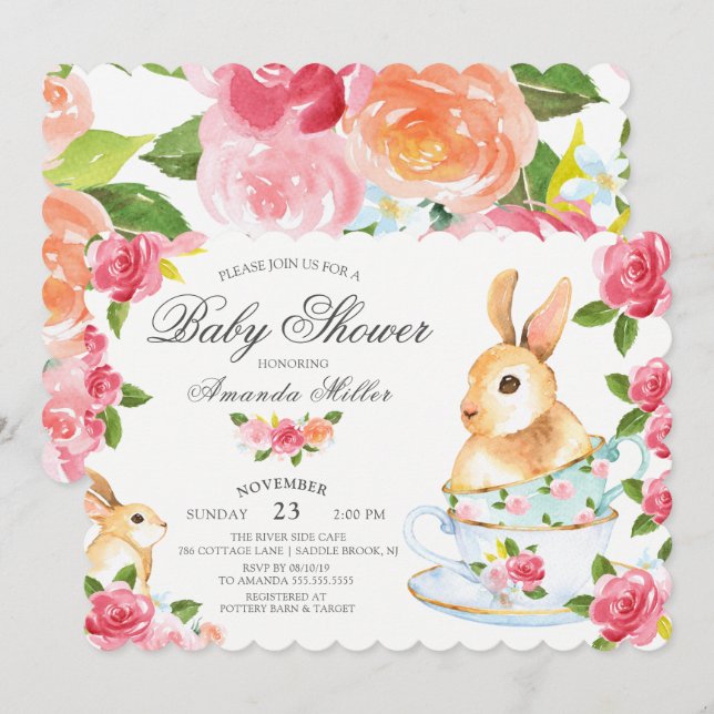 Aquarell Sweet Bunny Baby Dusche Tee Party Einladung (Vorne/Hinten)