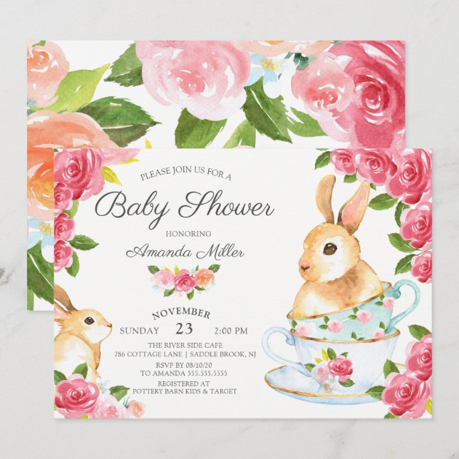 Aquarell Sweet Bunny Baby Dusche Tee Party Einladung (Vorne/Hinten)