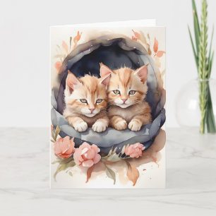Aquarell-Tabby-Kätzchen Brüder Blumen Blank Karte
