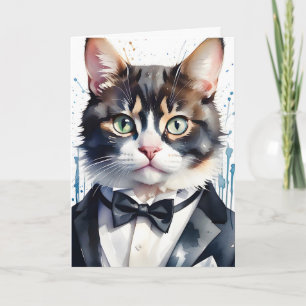 Aquarell-Tabby-Katze im Smoking mit schwarzer Flie Karte