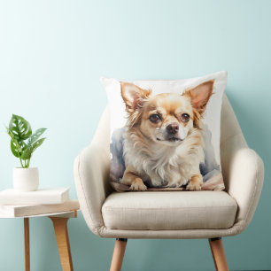 Aquarell Tan & Weiß langhaariger Chihuahua-Hund Kissen
