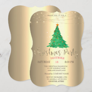 Aquarell-Tannenbaum, Goldene Weihnachtsfeier Einladung