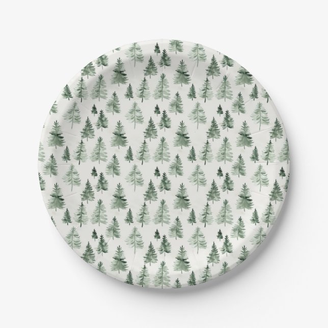 Aquarell-Tannenbaum-Papierteller Waldlandschaft  Pappteller (Vorderseite)