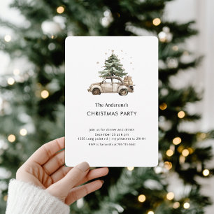 Aquarell-Tannenbaum-Vintage-Auto-Weihnachten Einladung
