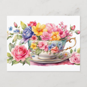 Aquarell-Tasse mit schönen Blumen  Postkarte