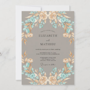 Aquarell-Taupe-Aqua-Kranz-Hochzeit Einladung