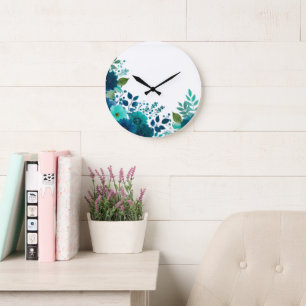Aquarell-Teal-Blumen-Wanduhr - Stille Botanik Große Wanduhr