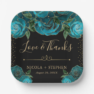 Aquarell Teal und Gold Glam Rosen Hochzeit Pappteller