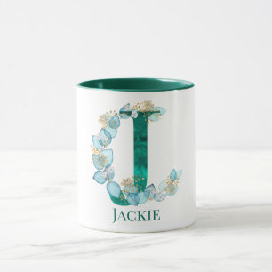 Aquarell-Teal-und-Gold-Monogramm Buchstabe J Tasse