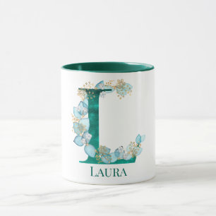 Aquarell-Teal-und-Gold-Monogramm Buchstabe L Tasse