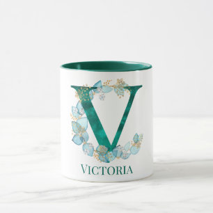 Aquarell-Teal und Gold-Monogramm Buchstabe V Tasse
