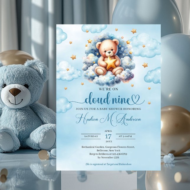 Aquarell-Teddy-Wolke 9 Boy Baby Dusche Einladung (blue and gold we're on cloud nine boy baby shower invitation)