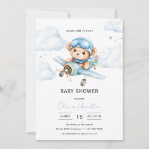 Aquarell-Teddybär-Flugzeug-Baby-Shower Einladung