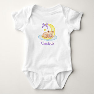 Aquarell-Teddybär-Mond-Lila-Schleife Baby Strampler