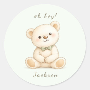Aquarell-Teddybär Oh Boy Baby Shower Runder Aufkleber