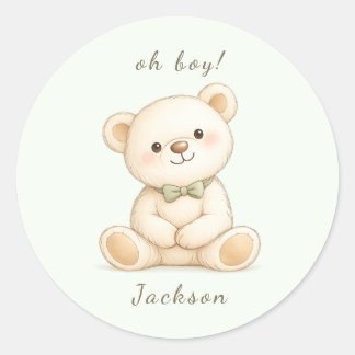 Aquarell-Teddybär Oh Boy Baby Shower Runder Aufkleber
