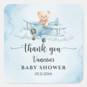 Aquarell-Teddybär-Pilot-Baby-Shower-Dankeschön Quadratischer Aufkleber