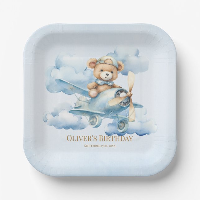 Aquarell-Teddybär-Pilot-Erster Geburtstag Pappteller (Vorderseite)