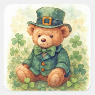 Aquarell-Teddybär zum St. Patrick's Day Quadratischer Aufkleber