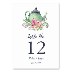 Aquarell-Teekanne-Hochzeit Tischnummer