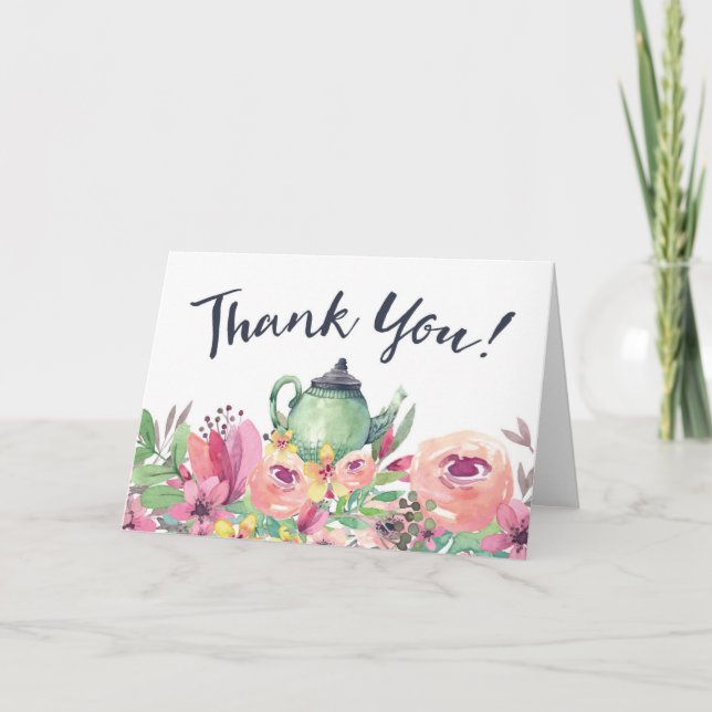 Aquarell-Teekanne und Blumen danken Ihnen Karte (Vorderseite)