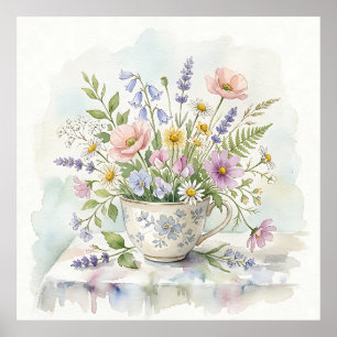 Aquarell-Teetassen-Blumenstrauß Wildblumen und Lav Poster