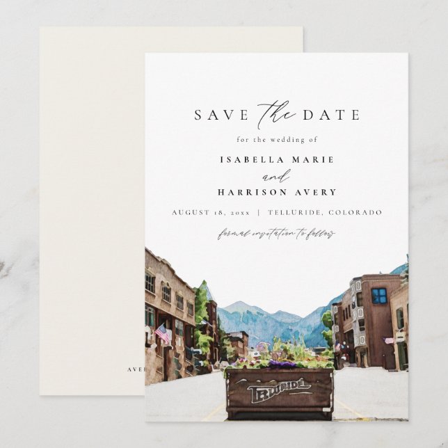 Aquarell Telluride Colorado Save the Date Einladung (Vorne/Hinten)