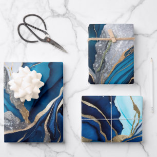 Aquarell Tiefblau, Silber und Gold Alkohol-Tinte Geschenkpapier Set