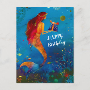 Aquarell Tiefblaue Meer Glitzer Meerjungfrau Postkarte