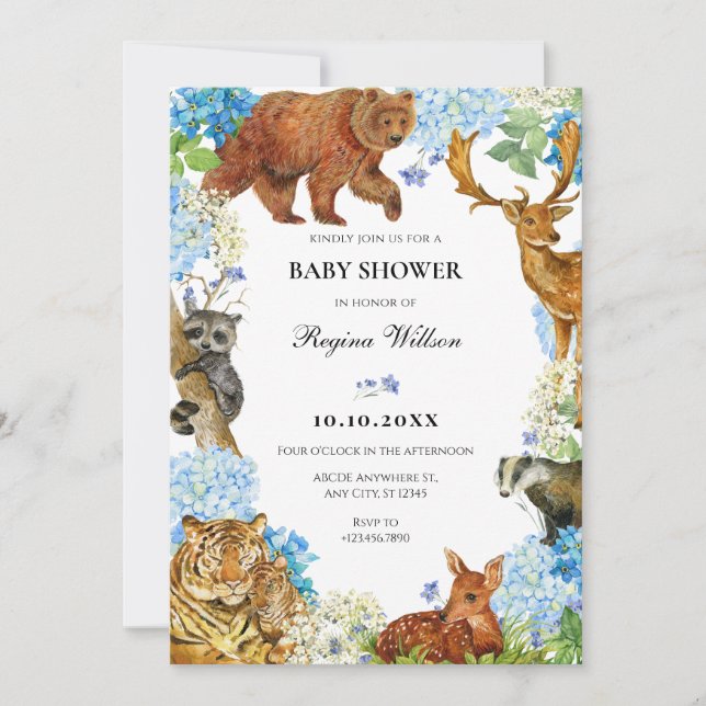 Aquarell Tiere Flora Babydusche Einladung (Vorderseite)