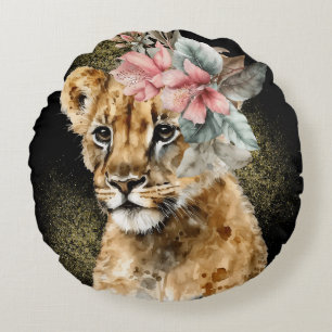 Aquarell-Tiger-Blumenkunst Rundes Kissen