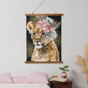 Aquarell-Tiger-Blumenkunst Wandteppich Mit Holzrahmen