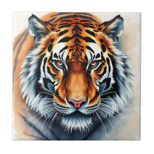 Aquarell-Tiger-Porträt mit wilden Augen Fliese