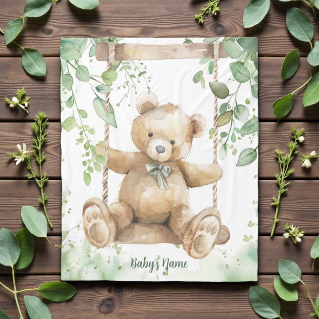 Aquarell-Töne Grün Teddybär Fleecedecke (Von Creator hochgeladen)
